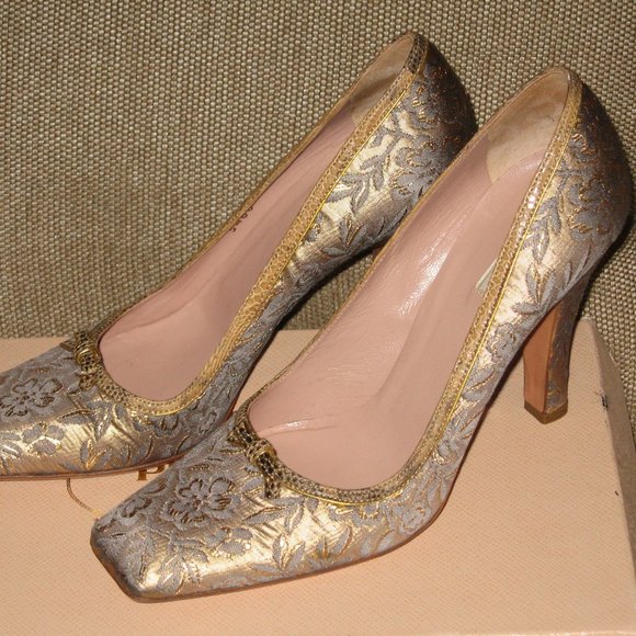 ❤️PRADA SILK FLORAL WITH LIZARD BOW Evening Wedding Pumps Dress Shoes Sz 6 1/2 - Picture 1 of 11